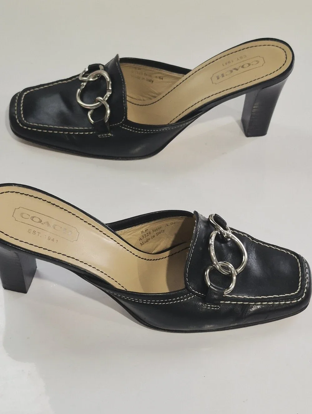 Coach Jacie Vintage Black Leather Ring-Detail Mule Heels Size 8B